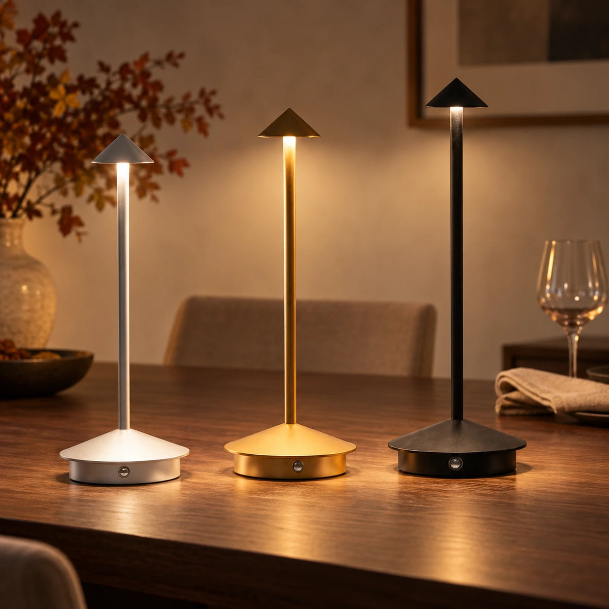 Silver, gold, and black Mirelle cordless table lamps glowing on a walnut dining table