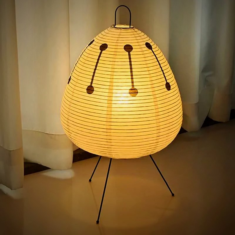 Lumae Sora large printed paper lantern lamp on steel tripod legs