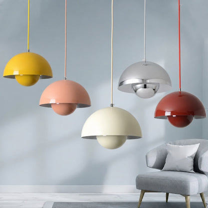 Fleur pendant lights in yellow, blush, ivory, silver, and red finishes