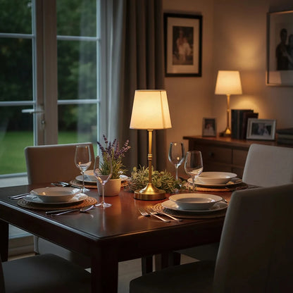 Beau cordless fabric shade lamp on a dining table