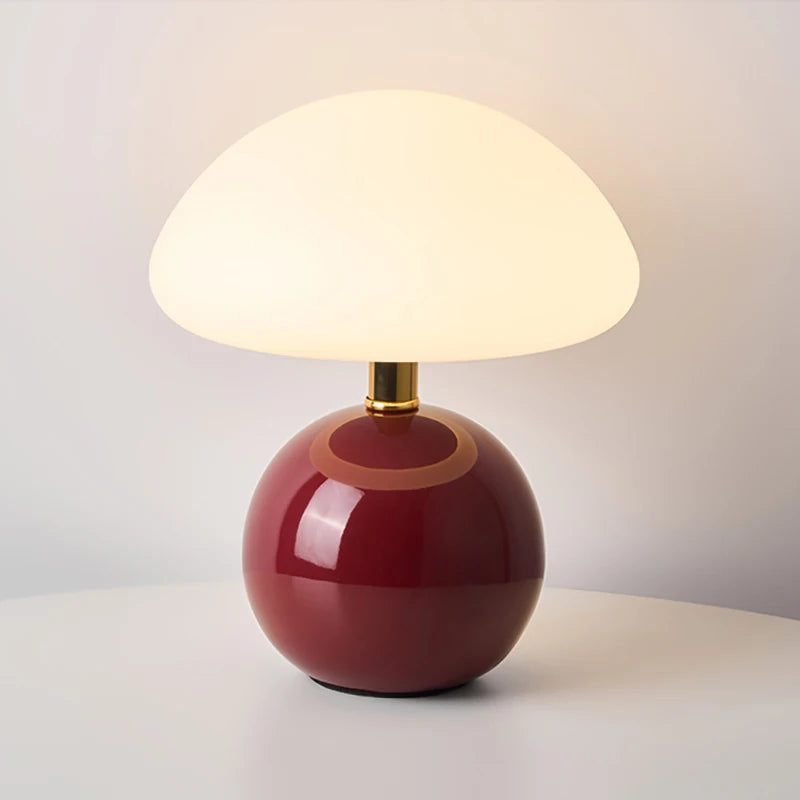 Wine red Pola ceramic table lamp with a white dome shade