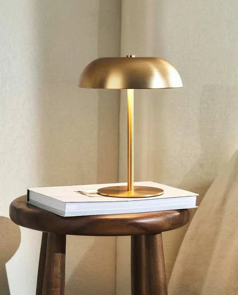 Brushed Brass Dome Table Lamp | Cordless Rechargeable LED, 3-Color Touch Dimmer | For Bedside, Bar & Dining