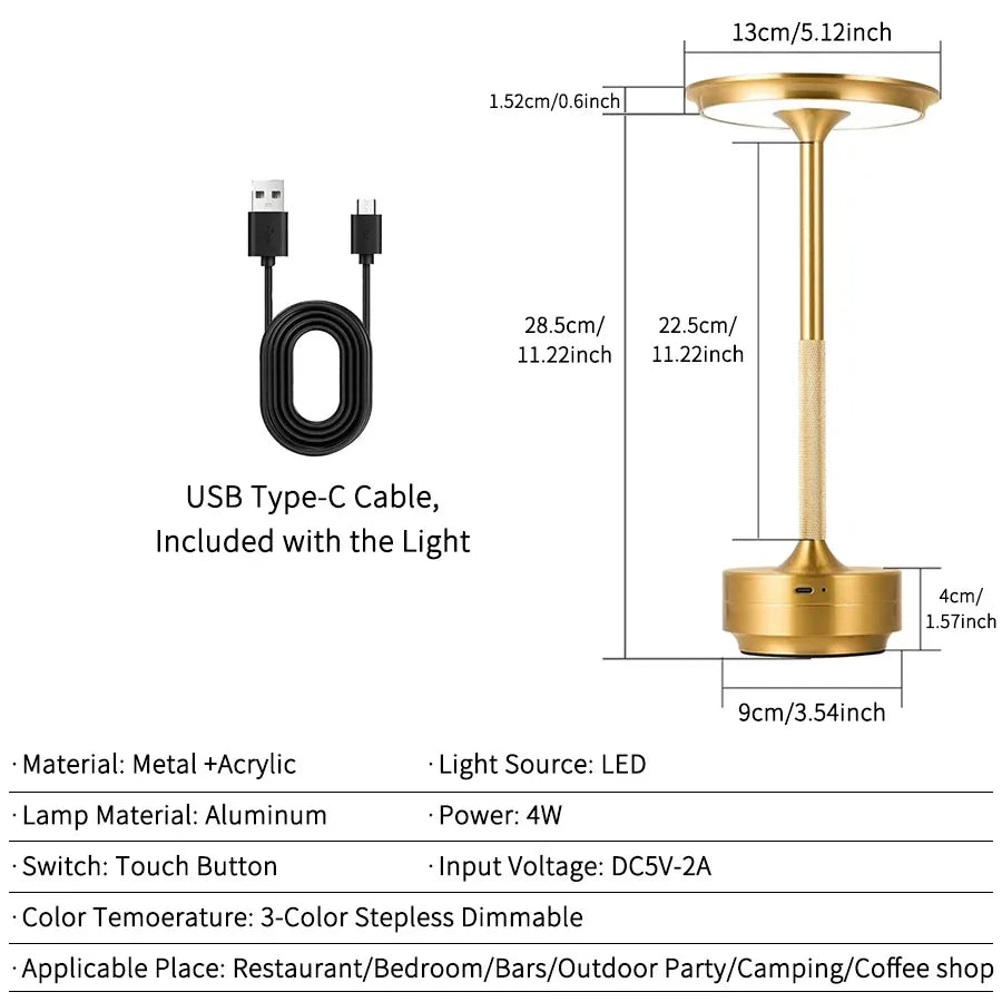 Vintage-Style Cordless Table Lamp | Rechargeable LED, Infinite Dimming | For Dining, Lounge & Hotels