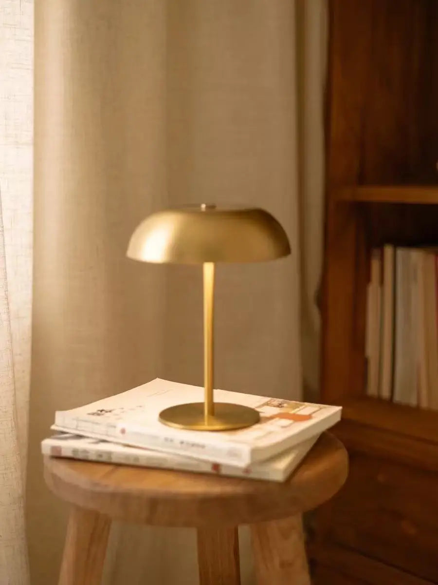 Brushed Brass Dome Table Lamp | Cordless Rechargeable LED, 3-Color Touch Dimmer | For Bedside, Bar & Dining