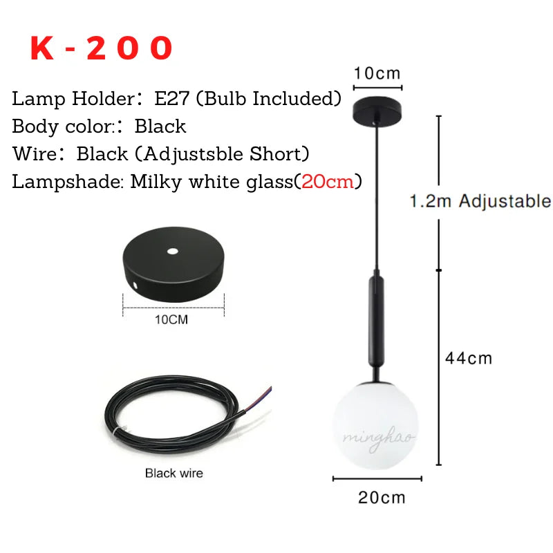 Black Lune K-200 pendant dimensions with 20 cm opal globe