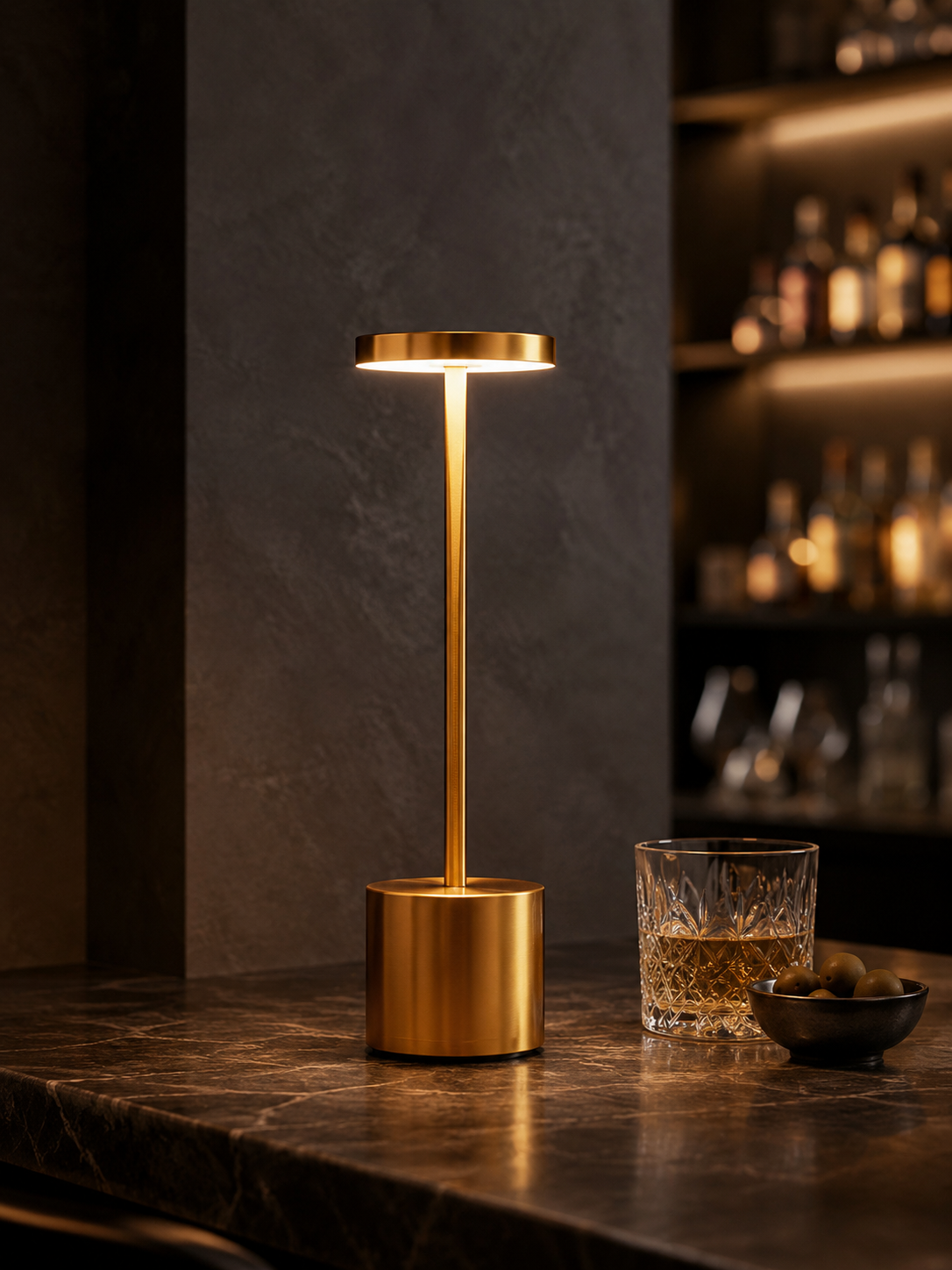 Lumae Astor cordless lamp glowing on a dark stone bar at dusk