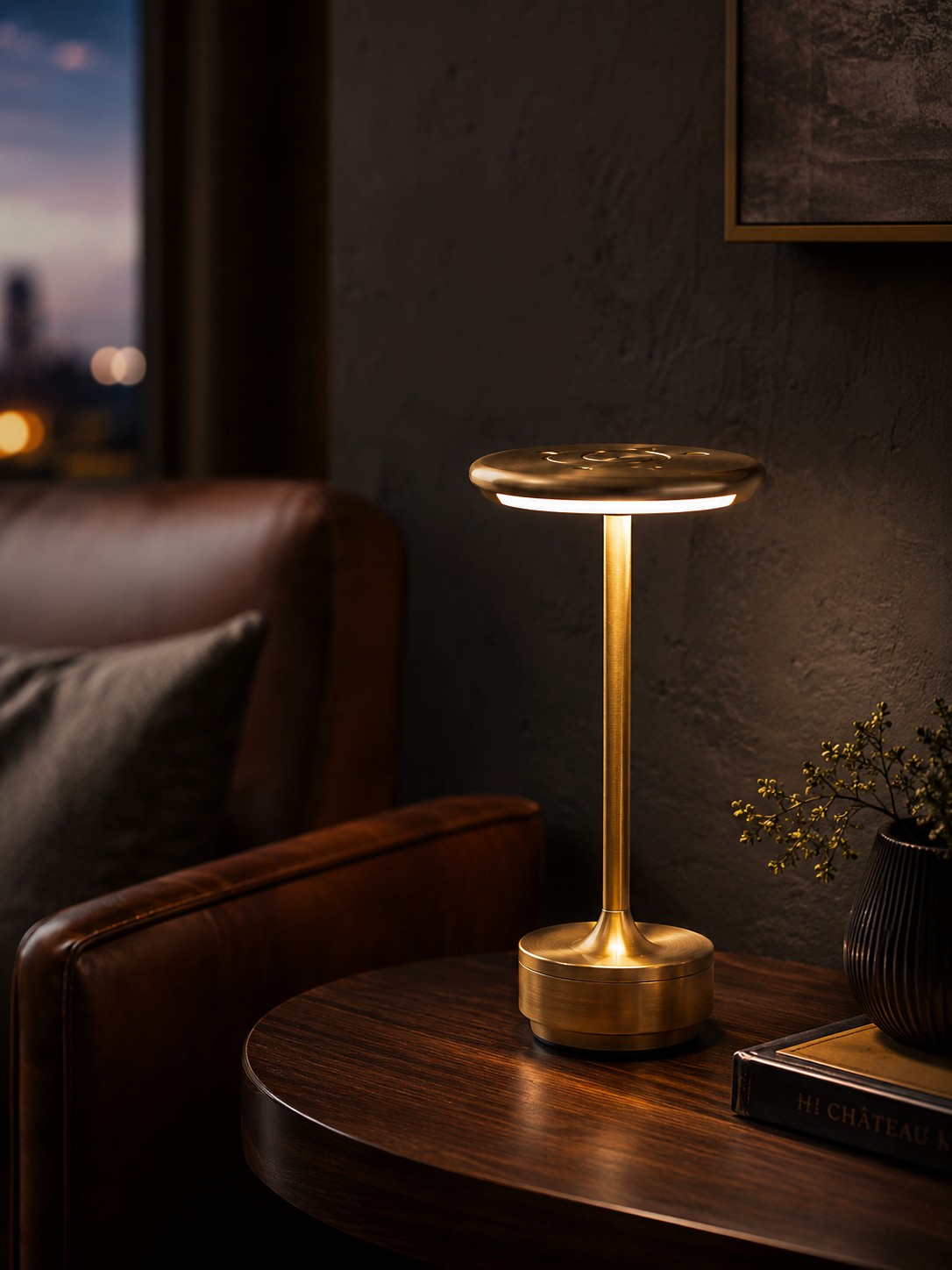 Lumae Atlas cordless lamp on a walnut side table in a lounge at dusk