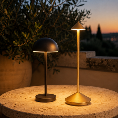 The Dusk Pair: the Marin rounded dome lamp beside the Vale tapered cone lamp, both lit on a travertine patio table at dusk