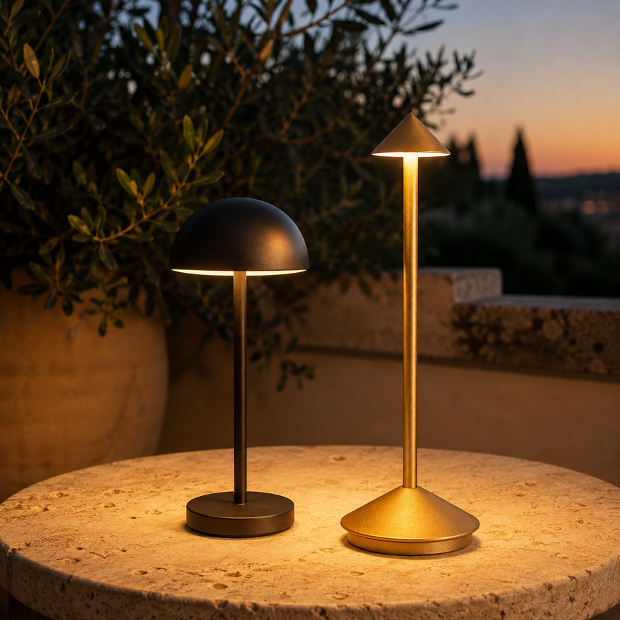 The Dusk Pair: the Marin rounded dome lamp beside the Vale tapered cone lamp, both lit on a travertine patio table at dusk