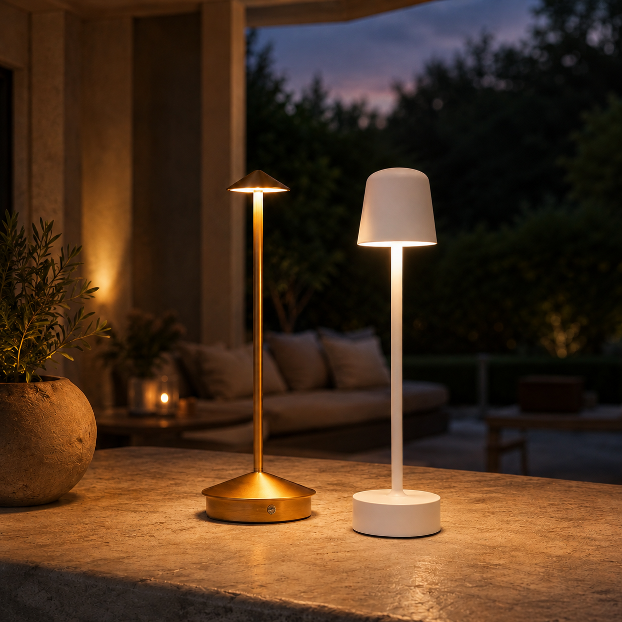 The Dusk Pair: Vale and Marin lamps lit on a patio table at dusk