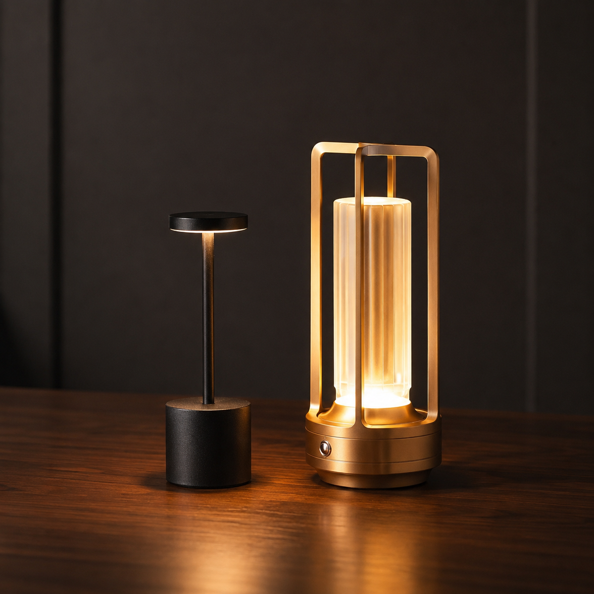 The Evening Set: the tall Marlow faceted column lamp beside the shorter Vesper slim profile lamp, both lit on a walnut table