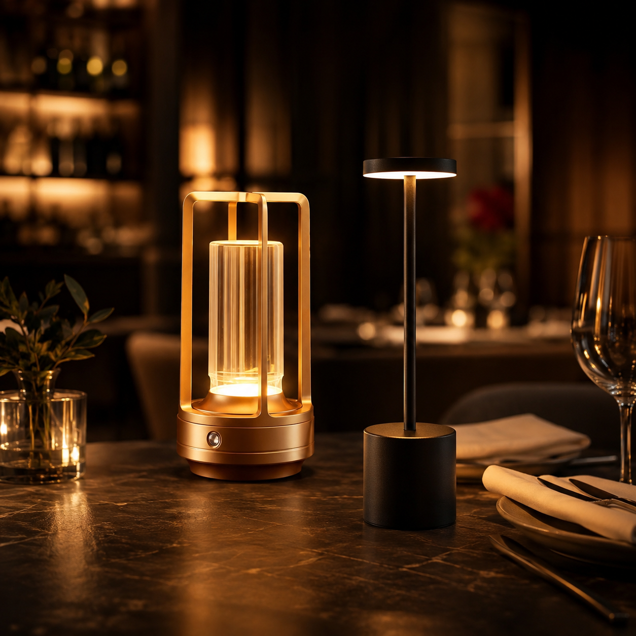The Evening Set on a restaurant table: the tall Marlow faceted column lamp beside the shorter Vesper slim profile lamp
