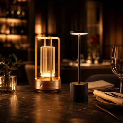 The Evening Set on a restaurant table: the tall Marlow faceted column lamp beside the shorter Vesper slim profile lamp