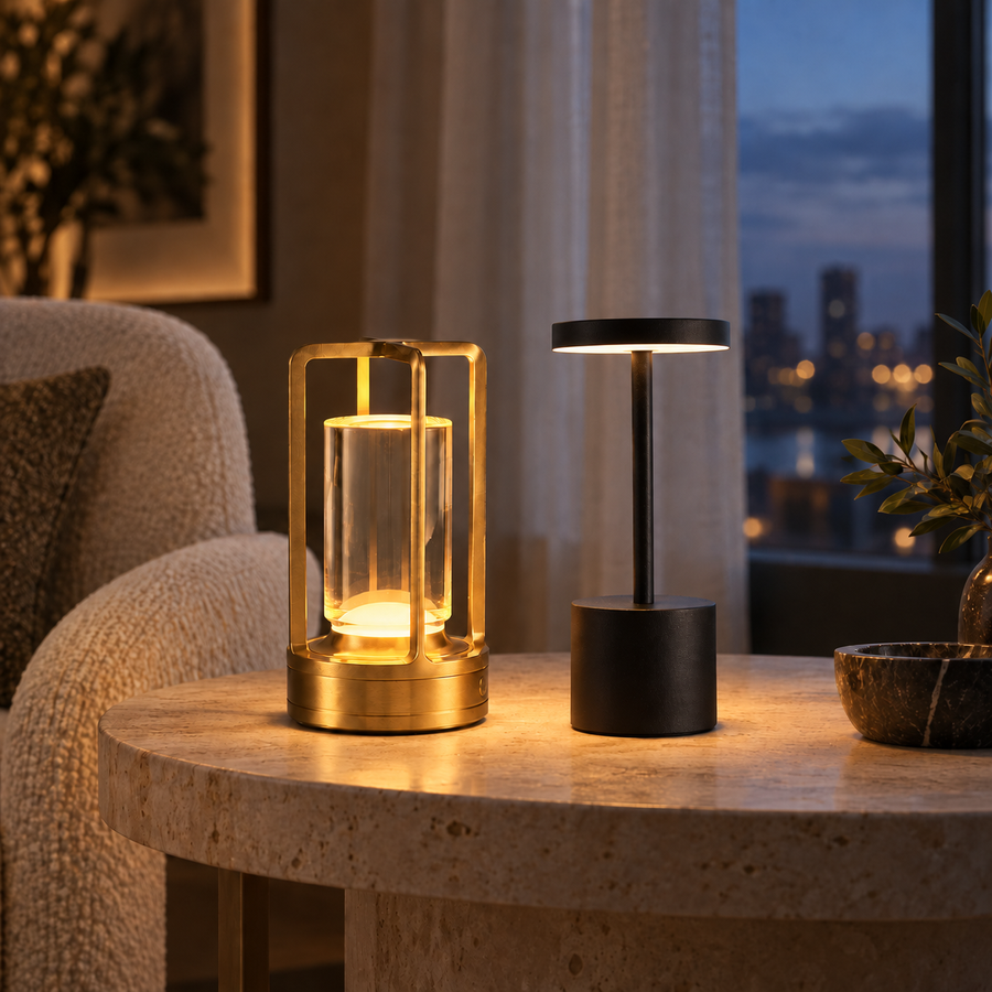 Marlow and Vesper cordless table lamps glowing in a contemporary hotel lounge