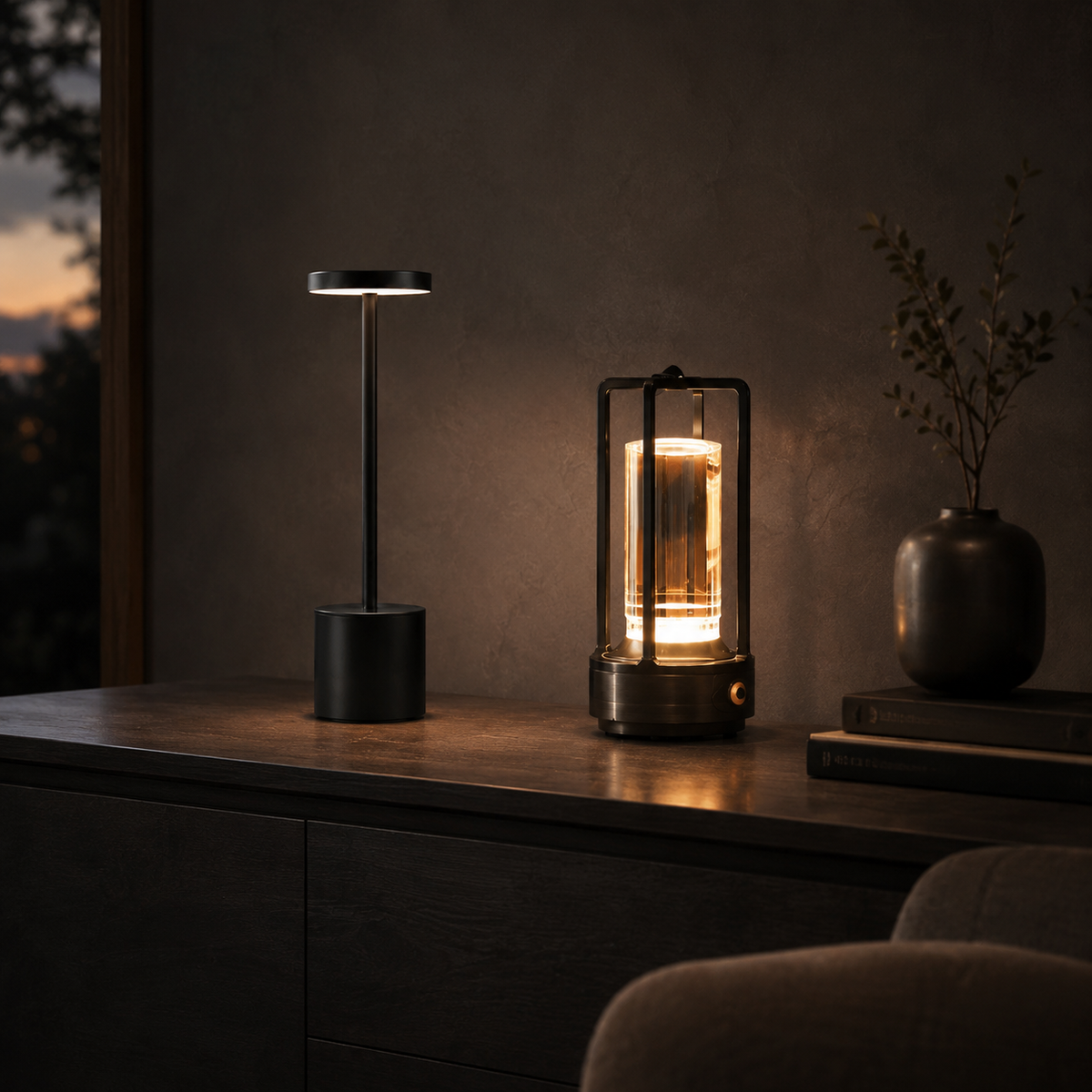 The Evening Set: Marlow and Vesper lamps lit together on a dark wood console at dusk