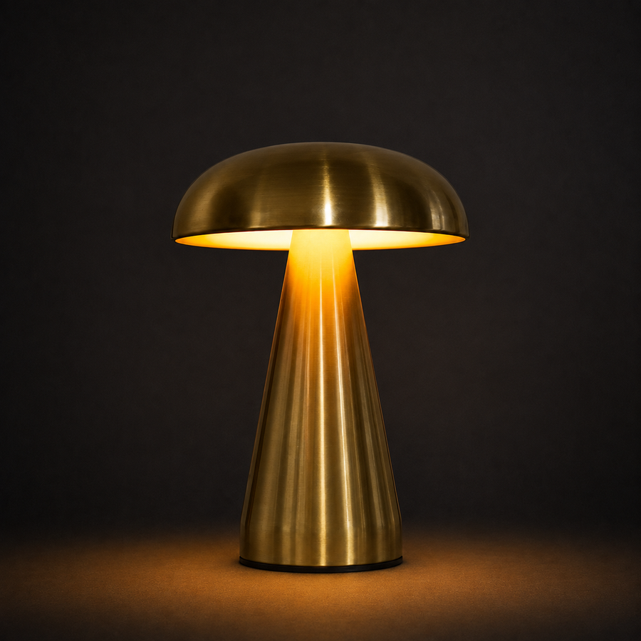 Juno gold mushroom table lamp, brushed metal dome glowing on a dark background