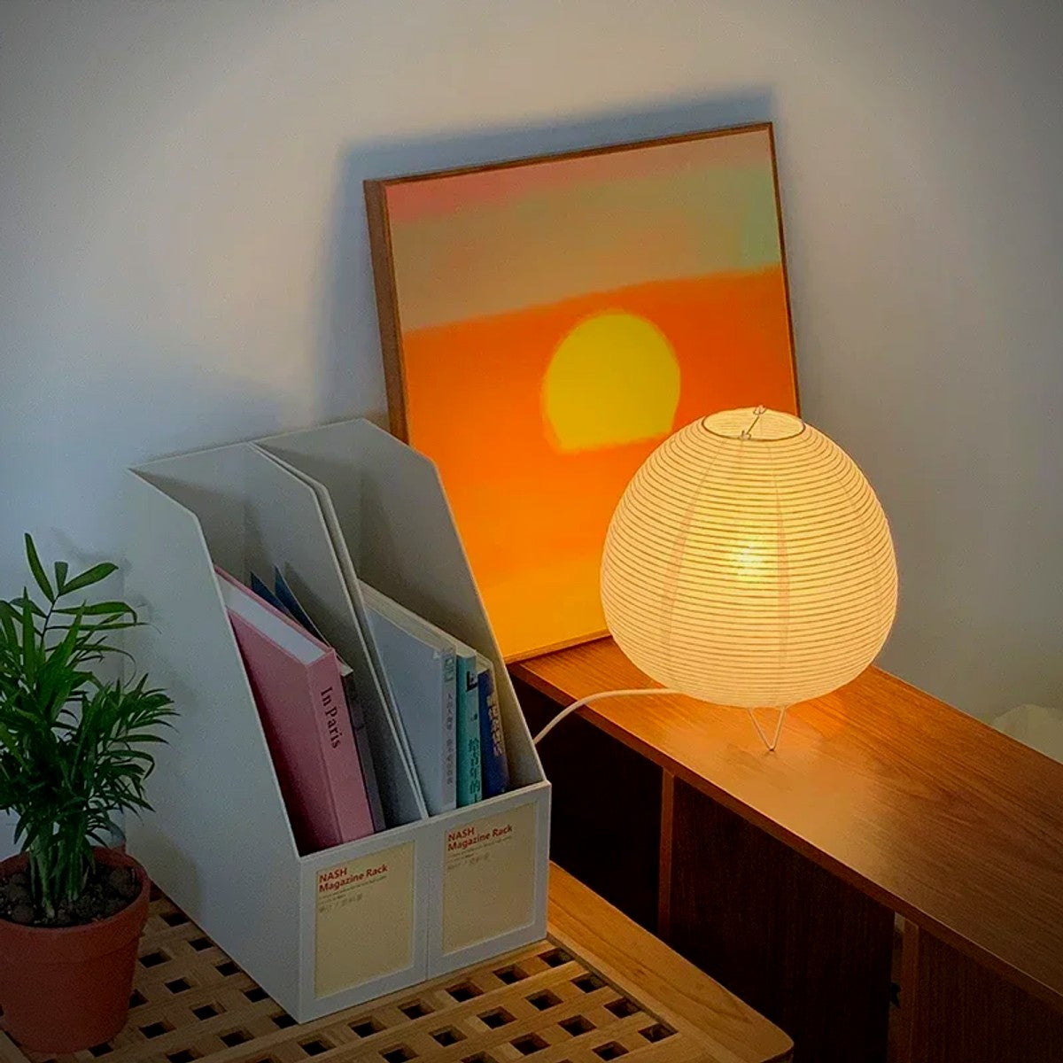 Kana rice-paper lantern table lamp, lit
