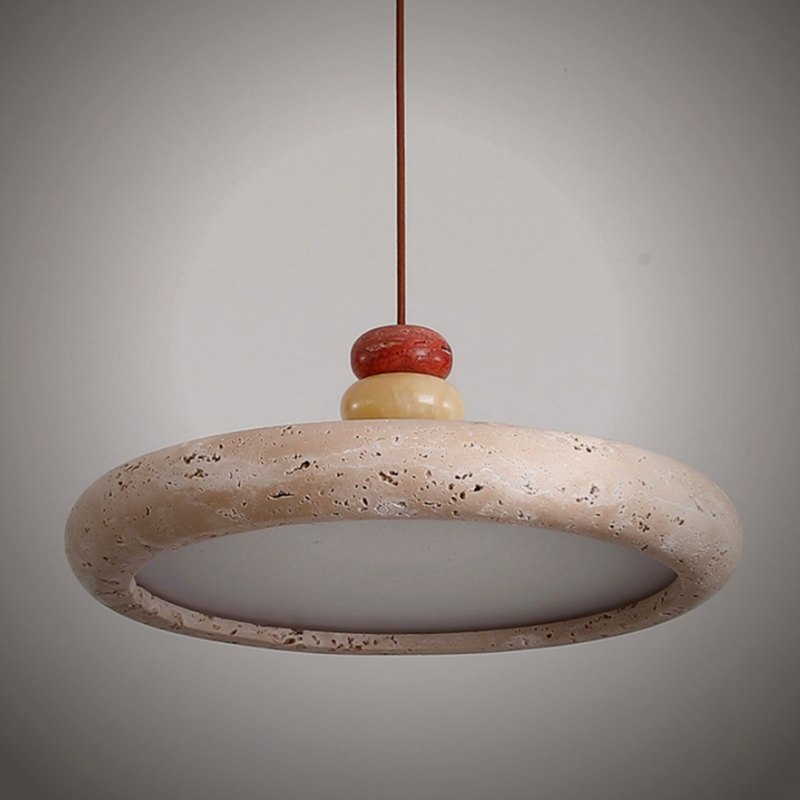 Mesa travertine disc pendant light with stacked stone finial
