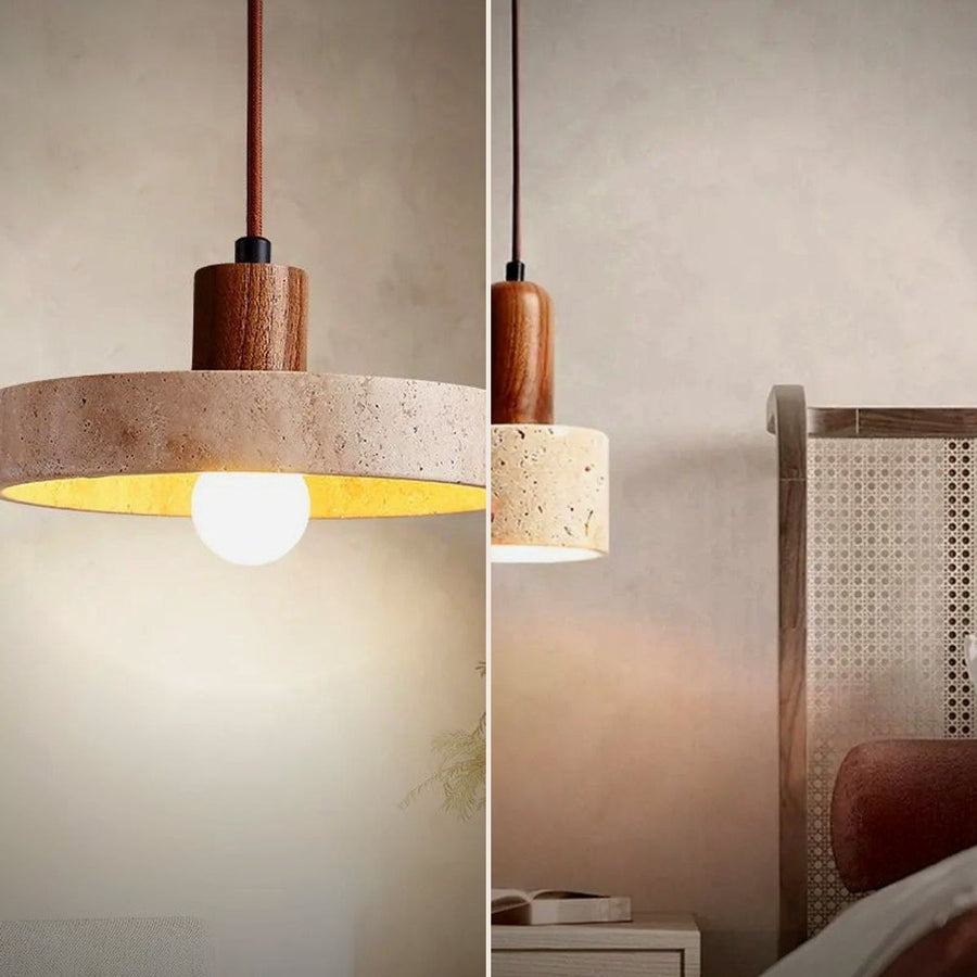 Tora and Sena travertine pendants side by side