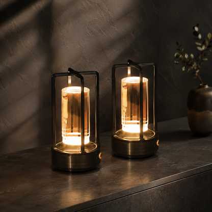 Lumae Marlow cordless faceted acrylic lamps on dark stone at dusk