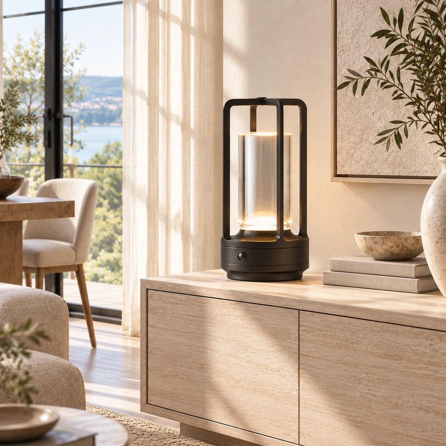 Black Marlow cordless table lamp in a bright naturally lit living room