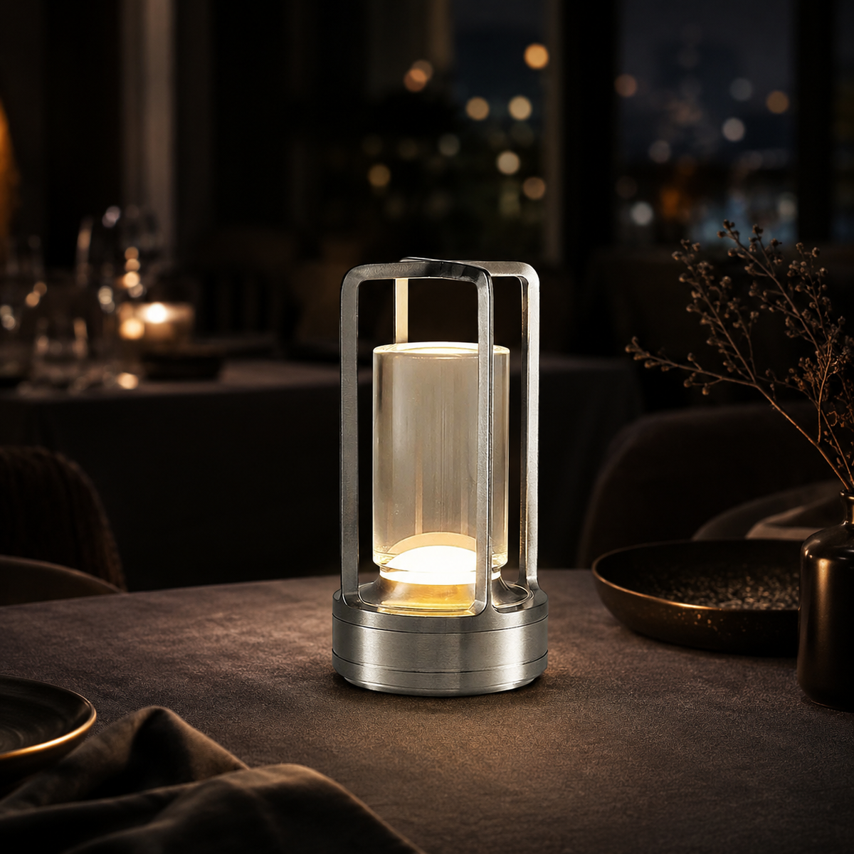 Lumae Marlow cordless lamp in silver lit on a dark restaurant table at night