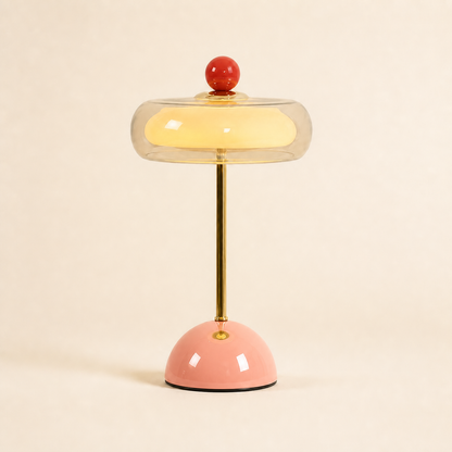 Sakura pink Oria rechargeable glass table lamp with a clear dome shade