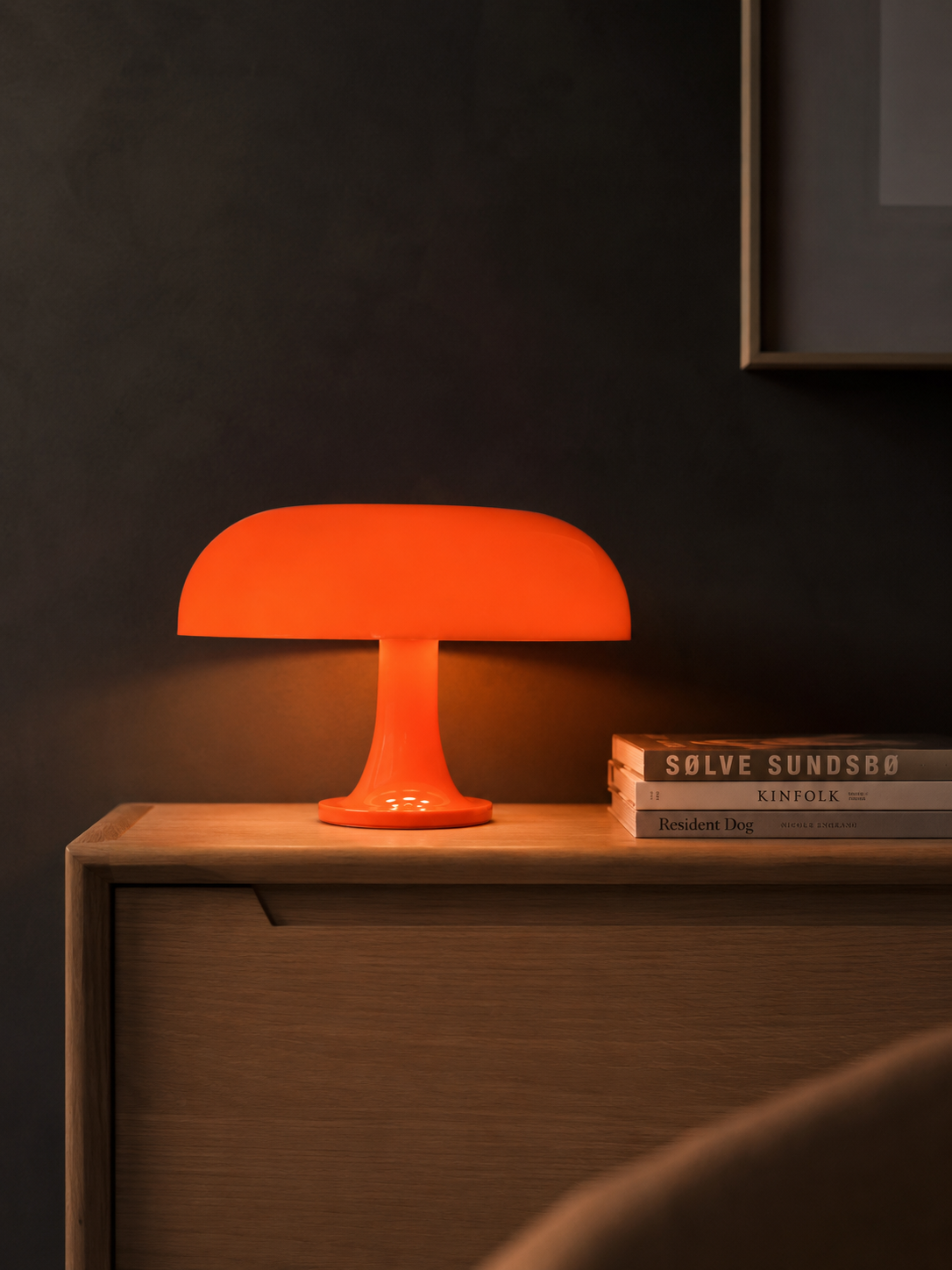 Lumae Oslo designer mushroom lamp on an oak sideboard