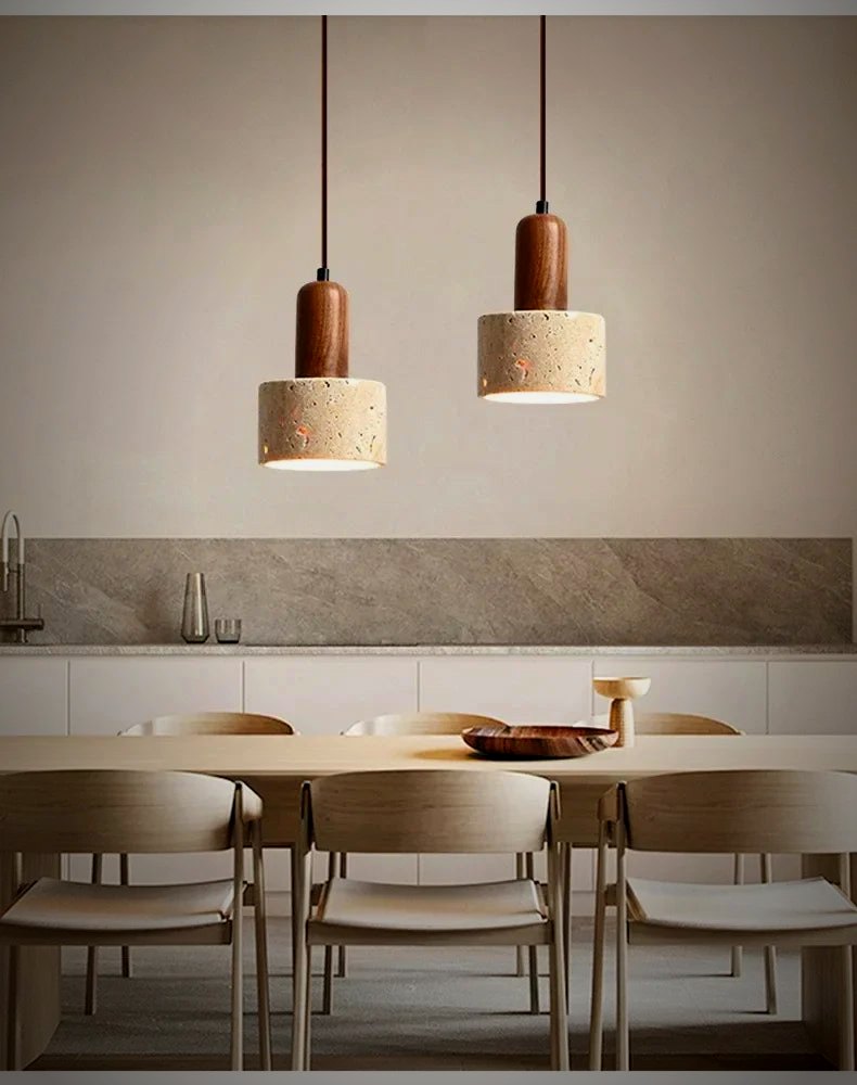 Cava travertine pendant lit at night