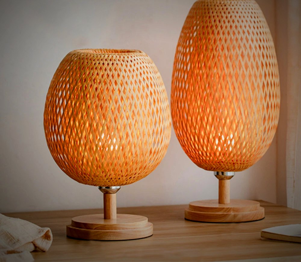 Willow bamboo lamp weave detail with ambient glow