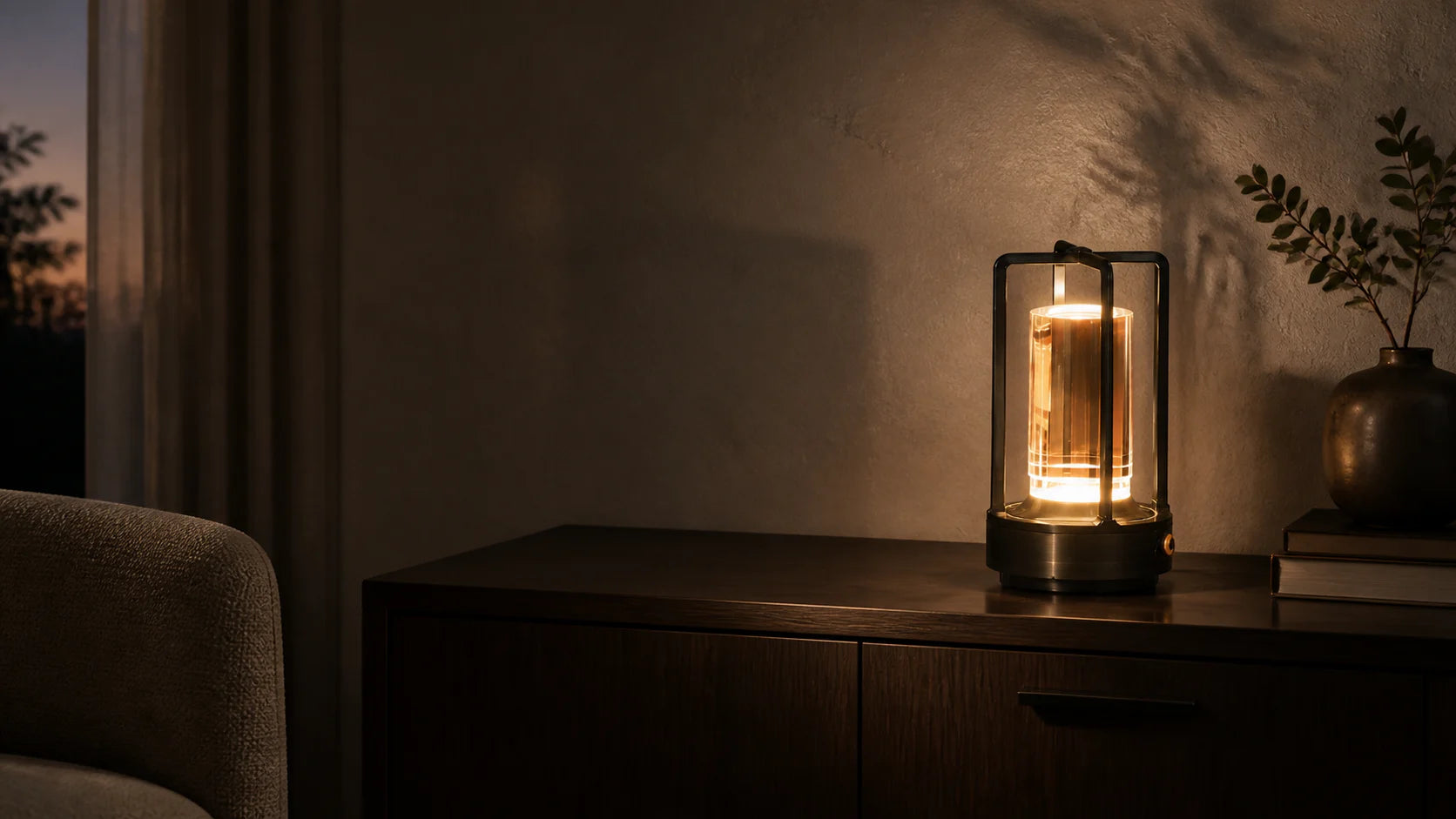 Marlow cordless lamp casting warm light in a living room